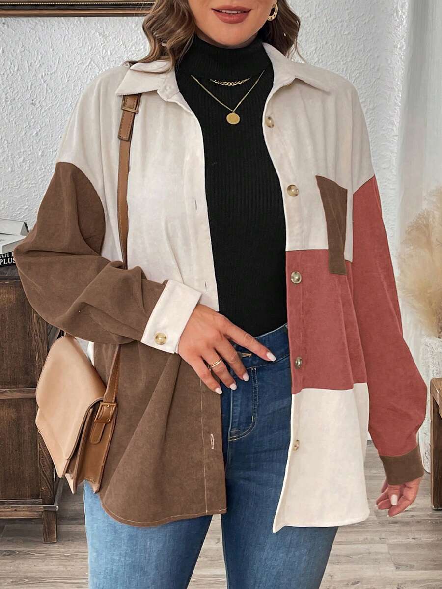 SHEIN LUNE Camisa casual holgada de pana con patchwork de tallas grandes - Multicolor - Ver 1