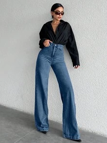 SHEIN Calça jeans de cintura alta e pernas largas, 100% algodão, tamanho TALL. - Lavagem Média - Ver 3