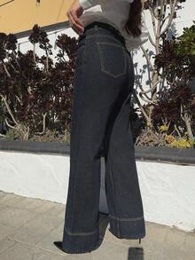 Andrea Bello 女士休闲直筒纽扣口袋牛仔裤，百搭日常穿着 - 深色水洗藍 - 查看 6