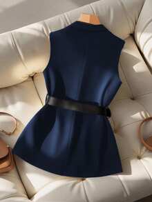 SHEIN PETITE Petite Women Minimalist Sleeveless Commuter Vest Blazer - Navy Blue - View 2