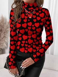 SHEIN Clasi Women's Casual Slim-Fit Turtleneck Knit Top With Classic Valentine's Day & New Year Party Women's Black Turtleneck Long Sleeve Slim Fit Red Heart Print Top - Romantic Wedding Guest, Date Night & Club,Graphic Tees Valentine's Day - Multicolor - View 5