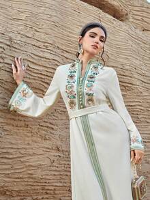 Al Najma Váy Ả Rập dài tay cổ chữ V đính sequin hoa thanh lịch dành cho nữ - Màu be - Xem 6