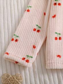 Tween Girls Pajamas-2 Piece Pajama Set Cherry Print Light Pink Red Trim Round Neck Long Sleeve Top Long Pants Cozy Soft Breathable Loungewear Sleepwear Gift Idea Four Season 2026 New Year Holiday Essential - Red and White - View 7