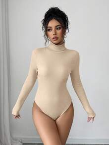 Elenzga 女士高领拼接长袖连体衣，修身款，撞色设计，秋冬季 - 杏色 - 查看 5