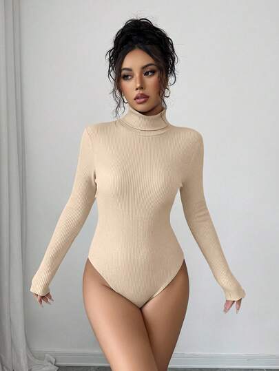 Elenzga Women's Turtleneck Patchwork Long Sleeve Bodysuit, Fitted, Contrast Color, Autumn/Winter