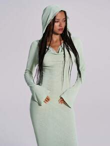 TypaGal 女士优雅通勤纯色连帽修身连衣裙 - 綠色 - 查看 6