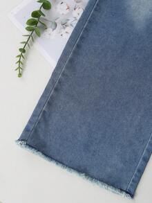 SHEIN Jeans de pierna ancha para niñas preadolescentes, diseño de bolsillos y bajo deshilachado en azul claro lavado, ajuste holgado casual con cintura elástica, adecuado para uso diario, fiesta, escuela, viaje, nueva llegada de otoño - Azul lavado medio - Ver 5