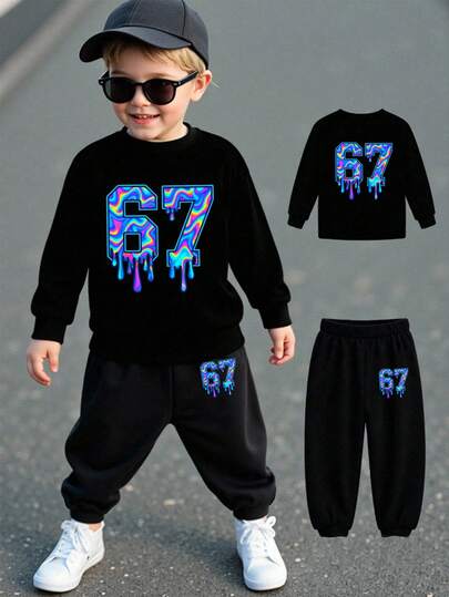 SHEIN 2 st/set Young BoyMysiga höst- och vinterstilar, avslappnad mode kreativ personlig fräsch chic minimalistisk vibrerande numerisk 67 mönster tryck tröja och byxor outfit, bekväm outfit