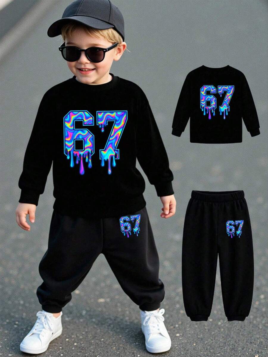 SHEIN 2pcs/Set Young BoyCozy Fall & Winter Styles, Casual Fashion Creative Personalized Fresh Chic Minimalist Vibrant Numeric 67 Pattern Print Sweatshirt And Pants Outfit, Comfortable Outfit
