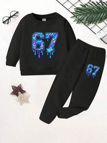SHEIN 2pcs/Set Young BoyCozy Fall & Winter Styles, Casual Fashion Creative Personalized Fresh Chic Minimalist Vibrant Numeric 67 Pattern Print Sweatshirt And Pants Outfit, Comfortable Outfit