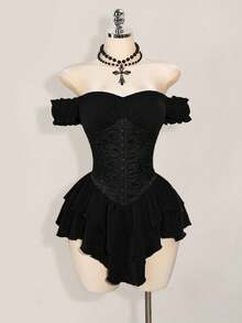 SHEIN PETITE CURVE 大码女式纯色露肩前开襟纽扣时尚连衣裙 - 黑色 - 查看 6