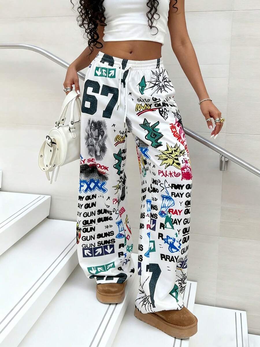 Rovax Women's Casual Street Letter Graphic Loose Sweatpants - Multicolor - View 1