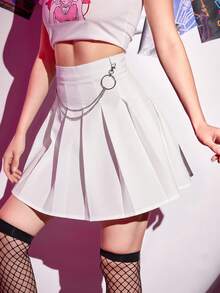 ROMWE Grunge Punk 女士时尚褶皱链条装饰迷你裙 - 白色 - 查看 4