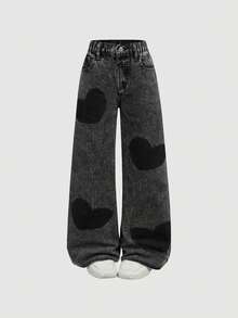 Tween Girl Y2K Fashion Heart Black Flare Jeans, Elastic Waist Design, Soft Denim Fabric, Black Wash, Suitable For City Walk, Fashion Girls Daily, Casual, Travel, Party, New Arrival - Black - View 1