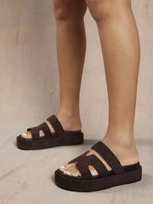 SHUZIA All-Time Bestseller Women's Luxury Harness Cutout Open Toe Platform Suede Coffee Slide Sandals – Slip-On, Strappy & Comfortable Essential Mother's Day Present For Christmas Valentine's Day - Coffee Brown - View 2