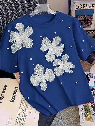 SHEIN Tall CURVE Plus Size Women's Elegant Vacation Style Water-Soluble Lace Applique Faux Pearl Decor Round Neck Short Sleeve T-Shirt