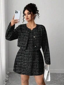 Elenzga 大码女装两件套：简约短款开衫和简约无袖连衣裙，斜纹软呢面料，优雅奢华的度假及商务休闲装扮 - 黑與白 - 查看 4