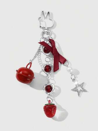 Kawaii 1 pieza Refinado y lindo estilo académico minimalista para niña Cadena de plata falsa perla y bola de cristal redonda con estrellas, lazo de fresa, colgante de teléfono y llavero con dije, adecuado para mujeres, uso diario, regalo de vacaciones de San Valentín