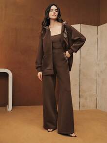 Anewsta Women's Vintage Loose Straight Leg Pants With Side Pockets And Embroidered Pearl Pattern, Suitable For Autumn/Winter - Coffee Brown - View 1