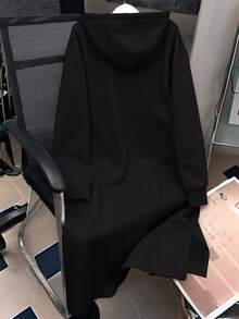 EMERY ROSE Women's Black Plus Size Curve Fleece Hooded Dress With Drawstring And New York NYC Letter Print ,Long Sleeve Sweathirt Graphic Outfit - Black - View 2