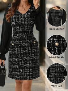 Editum 女式时尚优雅V领粗花呢中长连衣裙