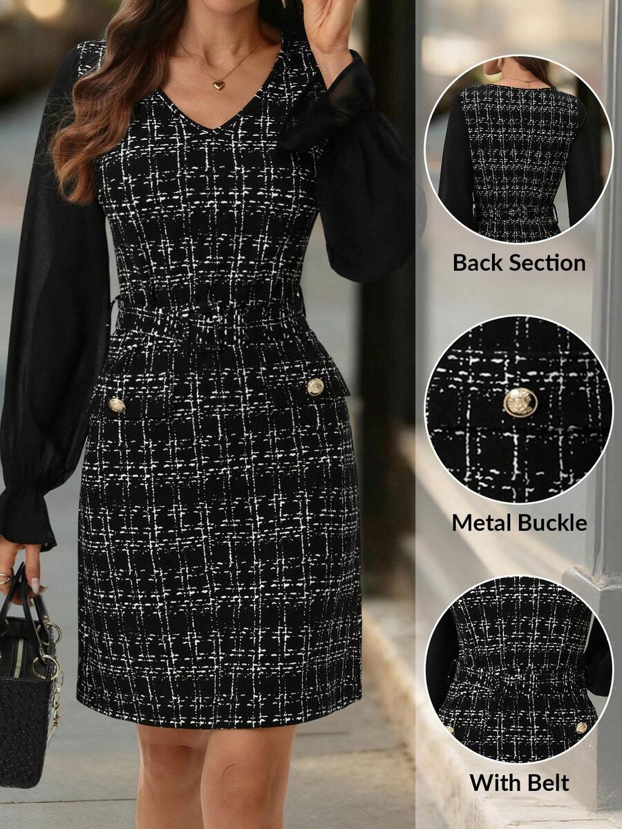 Editum 女式时尚优雅V领粗花呢中长连衣裙