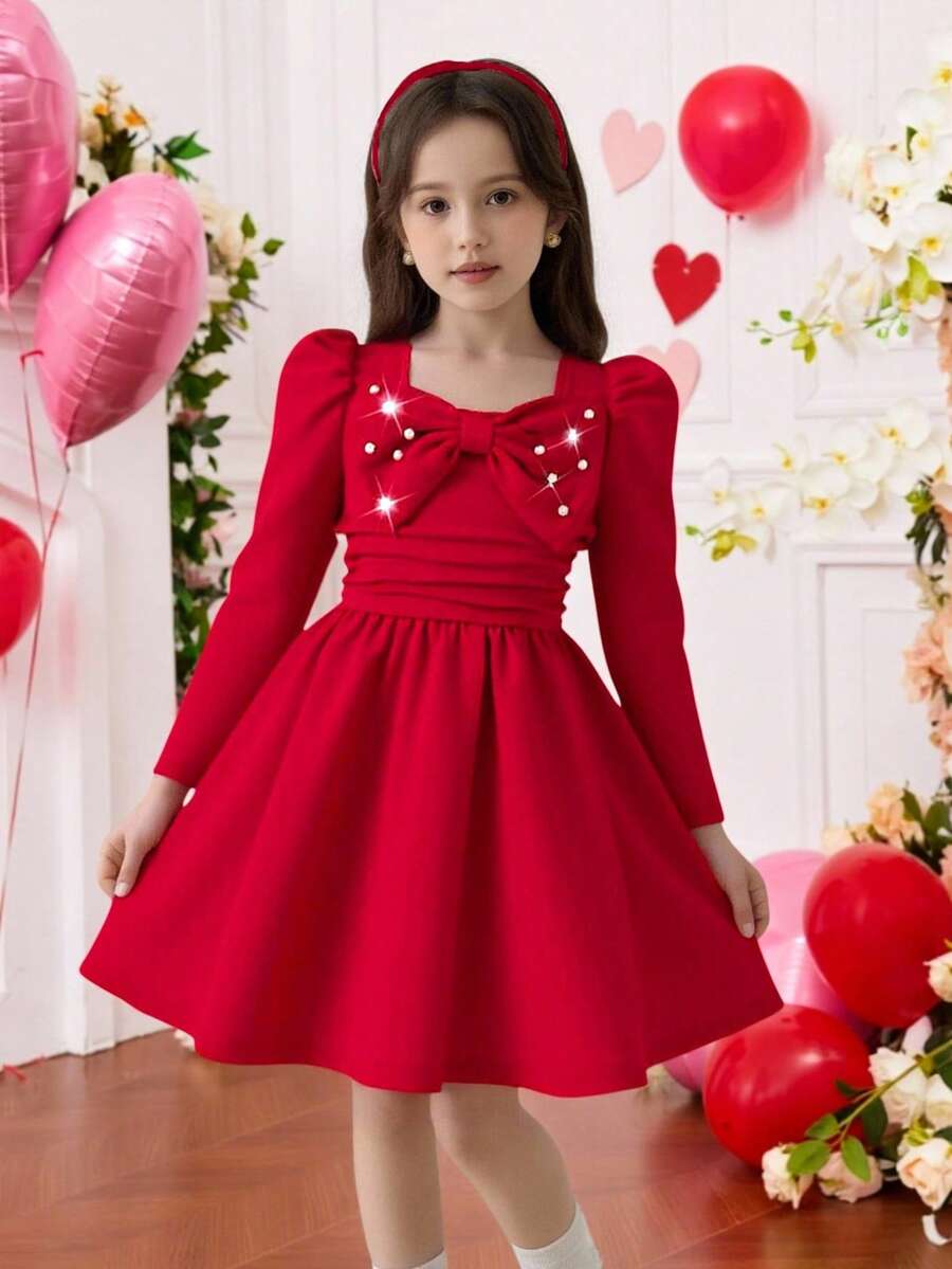 Elladie kids Mädchen rotes gestricktes Kleid mit Schleifen-Dekor und Perlen-Verzierung, modisch und elegant, geeignet für Pendeln, Zusammenkünfte, Partys und den täglichen Gebrauch
