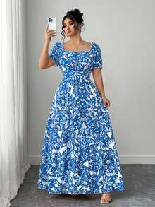 Elenzga Đầm dài hở lưng cổ vuông tay bồng cỡ lớn cho nữ, phong cách nghỉ dưỡng thường ngày, thanh lịch và thời trang, phù hợp cho mùa xuân và mùa hè - Màu xanh lam - Xem 3