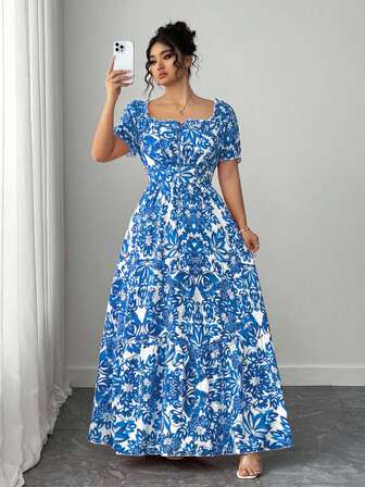 Elenzga 大码女式方领泡泡袖露背修身长裙，休闲度假风，优雅时尚，适合春夏穿着