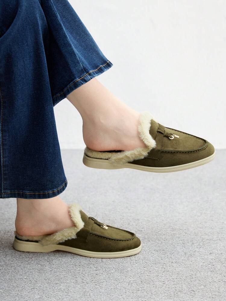 CUCCOO BIZCHIC Women's Fashion Olive Green Suede Comfortable Thick Faux Fur Slip-On Mules, Casual Flat Loafers Suitable For Outdoor, Work, Daily Wear For Christmas
