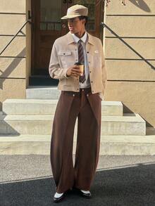 SWAVVY 男士休闲宽松灯芯绒拼接长袖衬衫，时尚日常穿着 - 棕色 - 查看 5