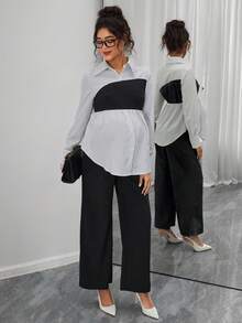 Momance 2pcs Maternity Casual Long Sleeve Top And Wide Leg Pants Set - Black - View 5