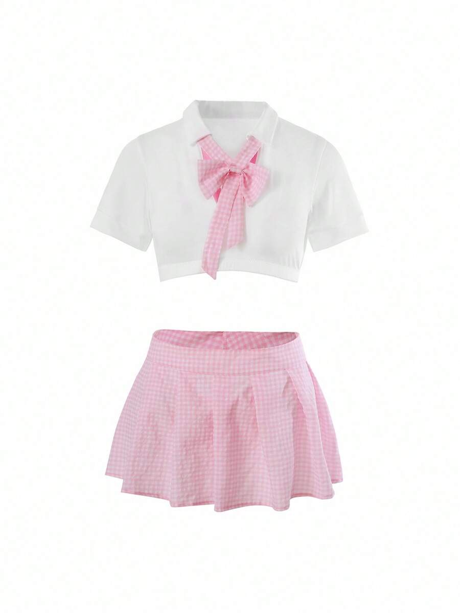 SHEIN 4pcs Sexy Costume Set: Top + Mini Skirt - Multicolor - View 1