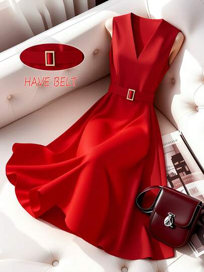 Franclia Elegant, Fashionable New Stylish Waist-Cinching V-Neck Sleeveless A-Line Red Dress For Women