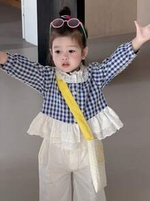 DAZY Toddler Girls' Lace Plaid Ruffle Trim Long Sleeve Blouse, Spring/Autumn