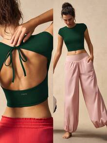 VARSIVA Solid Color Lace-Up Backless Fitted Cropped Sports T-Shirt Yoga Tops Open Back Athletic Top - Green - View 9