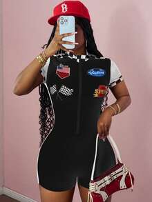 Slaydiva Women's Black Summer Grunge Everyday Plus Size Jumpsuit,Street Casual Rock Style Red & Black Contrast Motorcycle Graphic Zip Collar Short Sleeve - White - View 6