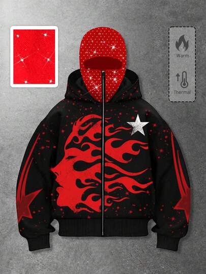 Goth Sudadera con capucha con cremallera, forro térmico, estampado de figura de llama oscura y estrella, estilo elegante para hombre en otoño/invierno