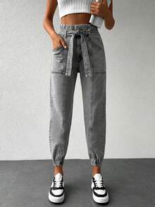 EURMUSE 100%Cotton Paperbag Waist Jogger Jeans - Grey - View 4
