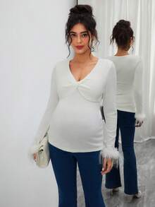 SHEIN Maternity Ribbed Patchwork Fuzzy Fitted Top - White - View 1