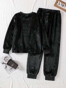 2pcs/Set Boys' Black Letter Embroidered Casual Ribbed Long Pants And Long Sleeve Comfortable Loungewear/Pajama Set - Black - View 2