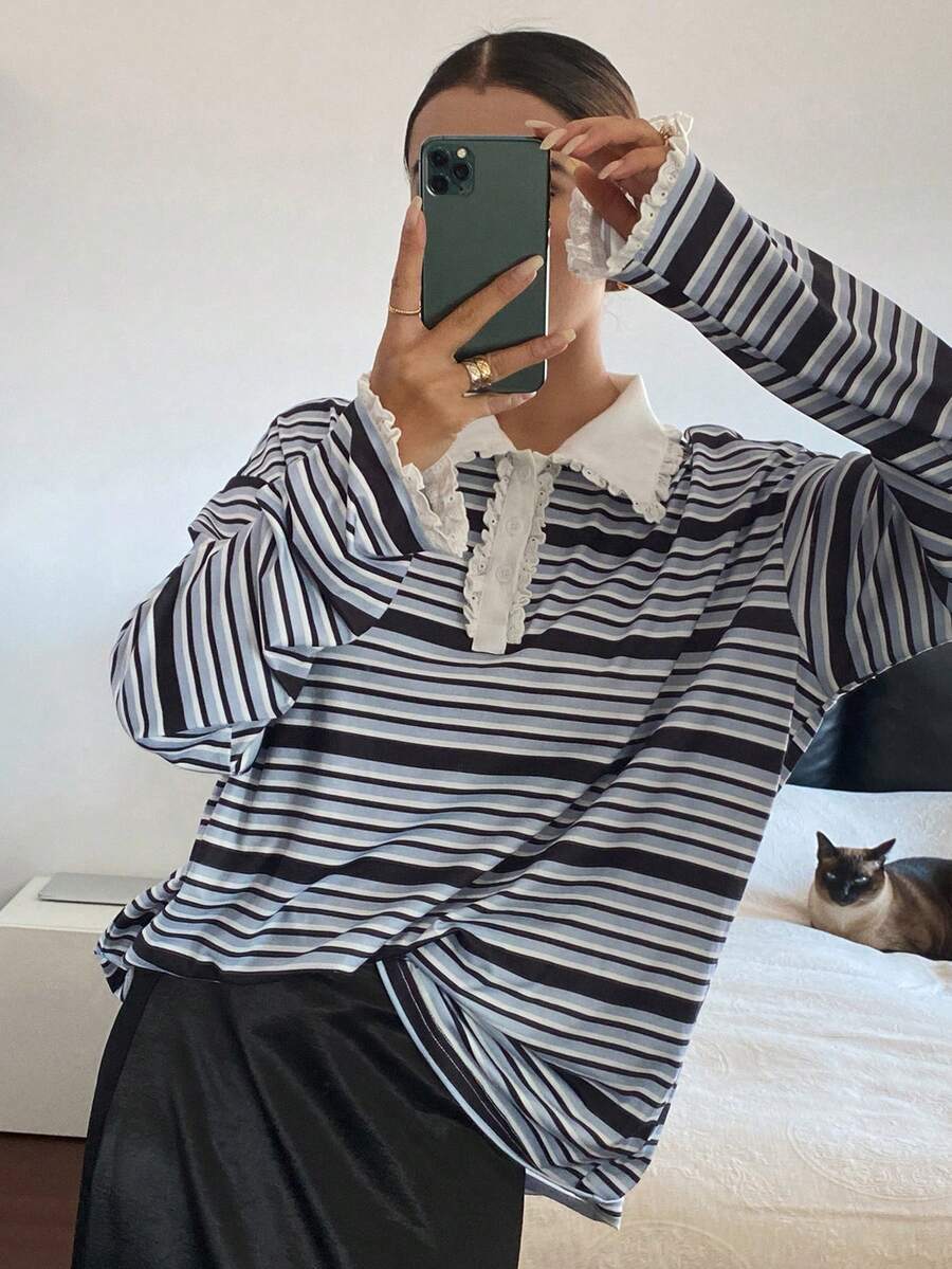 Livesso 女士高领荷叶边条纹T恤，秋冬长袖 - 藍色 - 查看 1