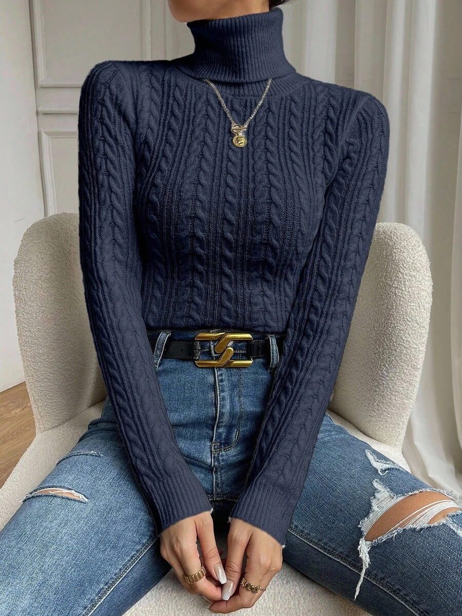 Chiquease 女士秋冬季绞花针织高领长袖修身休闲套头毛衣 - 藏蓝色 - 查看 1