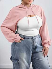 SHEIN CURVE+ Plus-Size Black Knitted Ultra-Short Hooded Sweater, Suitable For Autumn And Winter Wear/Autumn /Winter - Pink - View 4