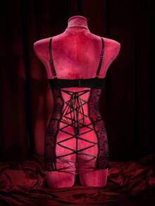 SpicyHot 2 piezas Conjunto de camisón sexy de mujer con parches de encaje - Negro - Ver 2