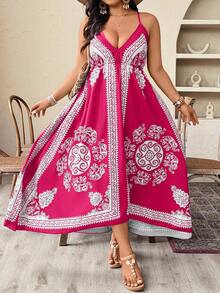 Weeklong Vestido de tirantes asimétrico con estampado vintage para talla grande, estilo vacacional - Rosa Fucsia - Ver 4