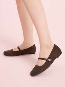 CUCCOO DOLLMOD Women's Fashion Coffee Round Toe Faux Pearl Decor Ankle Strap Ballet Flats, Comfortable For Commuting, Party, Shopping, Vacation For Christmas - Coffee Brown - View 3