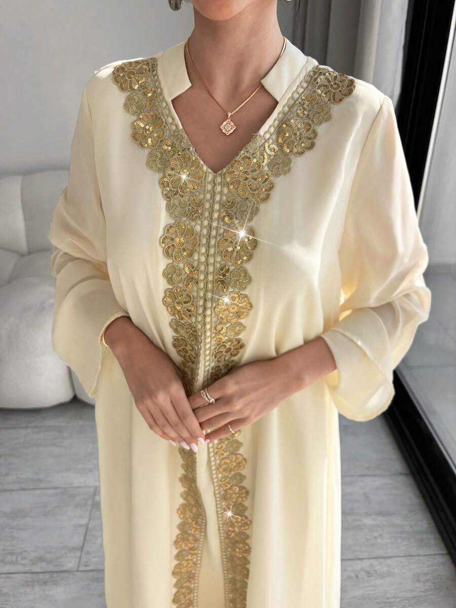 Al Najma Váy dài tay rộng rãi phong cách Ả Rập dành cho nữ có họa tiết trang trí - Màu Mù tạt vàng - Xem 1