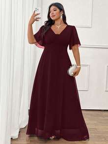 Cravure Robe maxi évasée élégante et décontractée en mousseline de soie froncée à manches courtes avec lien à la taille, polyvalente pour le printemps, l'été et l'automne, noire, grande taille - Rouge foncé - Voir 2