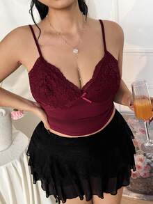 CovetEZ 大码女式休闲纯色蕾丝吊带背心 - 酒紅色 - 查看 3